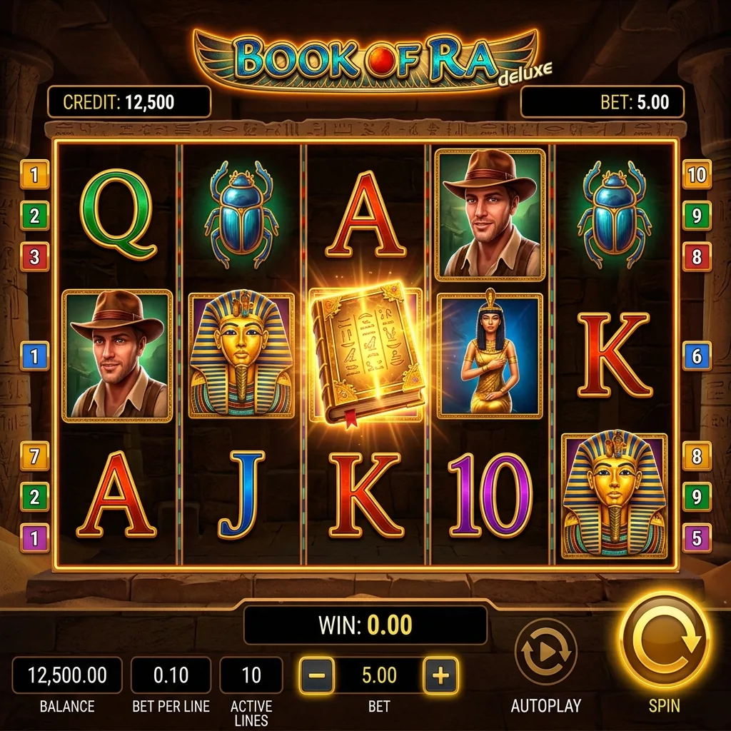 Игровой автомат Book of Ra Deluxe с египетской тематикой и символом книги
